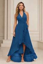Romantic A-Line V-Neck Halter Sleeveless Open-Back High-Low Bridesmaid Dress
