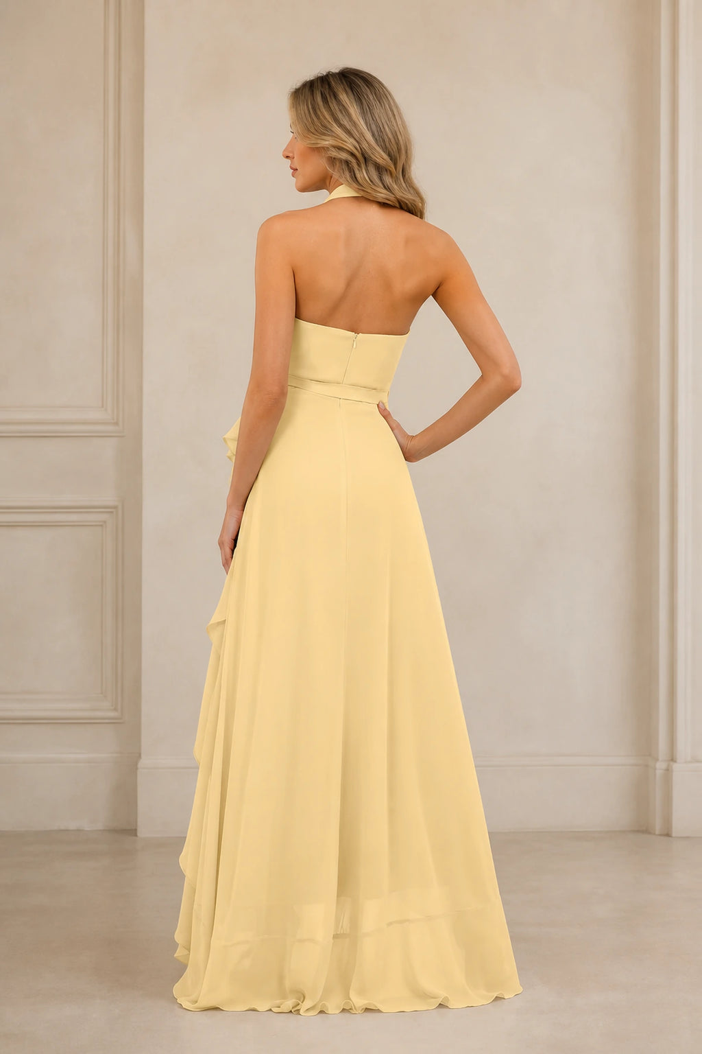 Butter yellow A-line V-neck halter bridesmaid dress with tie waist, high-low ruffle skirt and open back, front and back view by Vedress