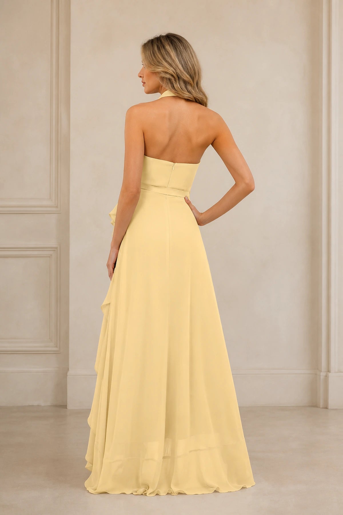 Butter yellow A-line V-neck halter bridesmaid dress with tie waist, high-low ruffle skirt and open back, front and back view by Vedress