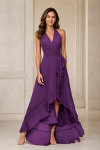 Romantic A-Line V-Neck Halter Sleeveless Open-Back High-Low Bridesmaid Dress