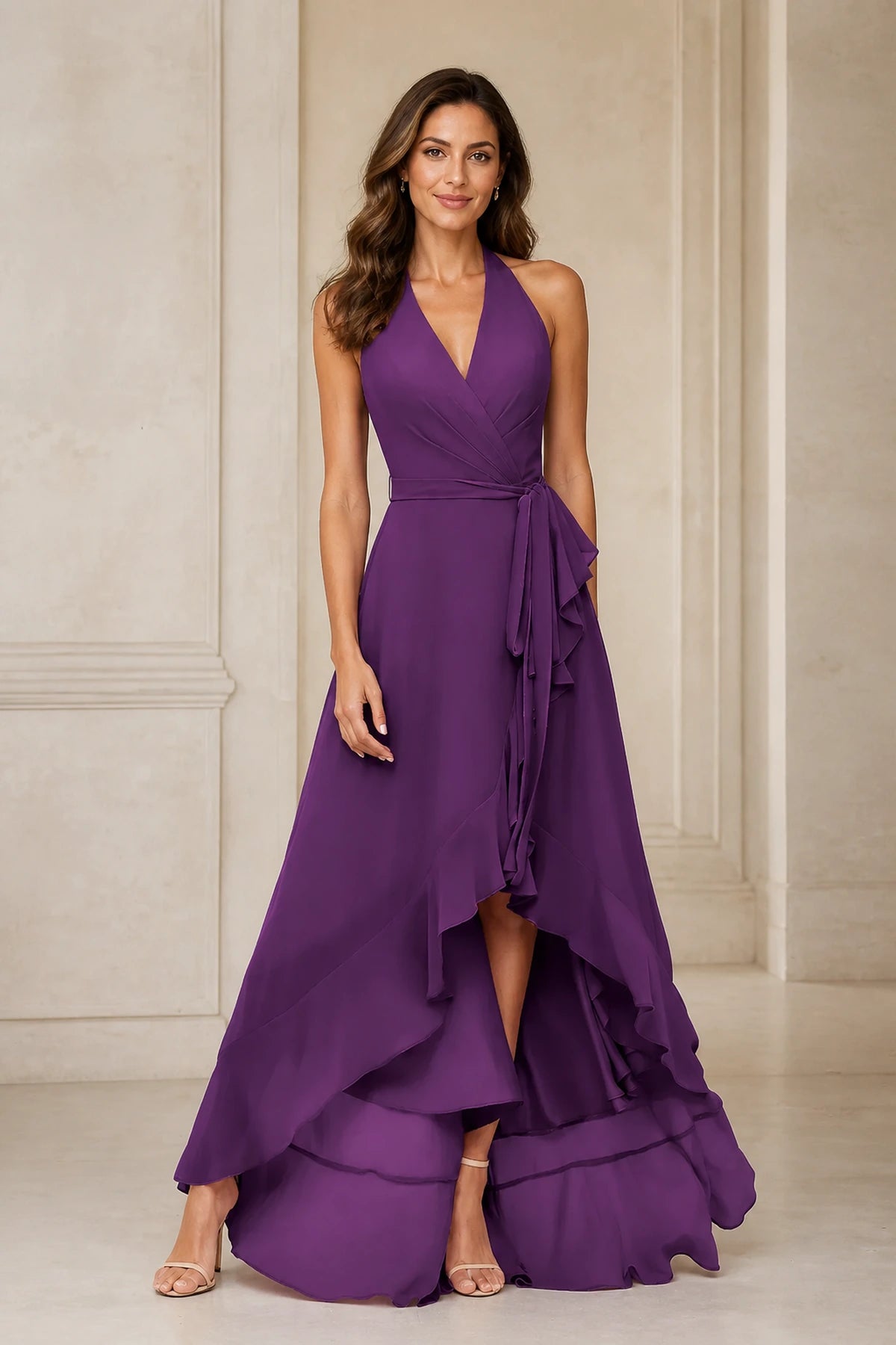 Romantic A-Line V-Neck Halter Sleeveless Open-Back High-Low Bridesmaid Dress