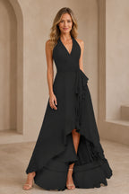 Romantic A-Line V-Neck Halter Sleeveless Open-Back High-Low Bridesmaid Dress