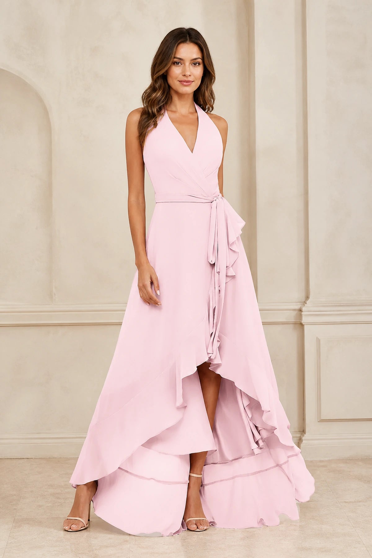 Romantic A-Line V-Neck Halter Sleeveless Open-Back High-Low Bridesmaid Dress