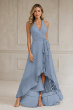 Romantic A-Line V-Neck Halter Sleeveless Open-Back High-Low Bridesmaid Dress