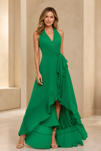 Romantic A-Line V-Neck Halter Sleeveless Open-Back High-Low Bridesmaid Dress