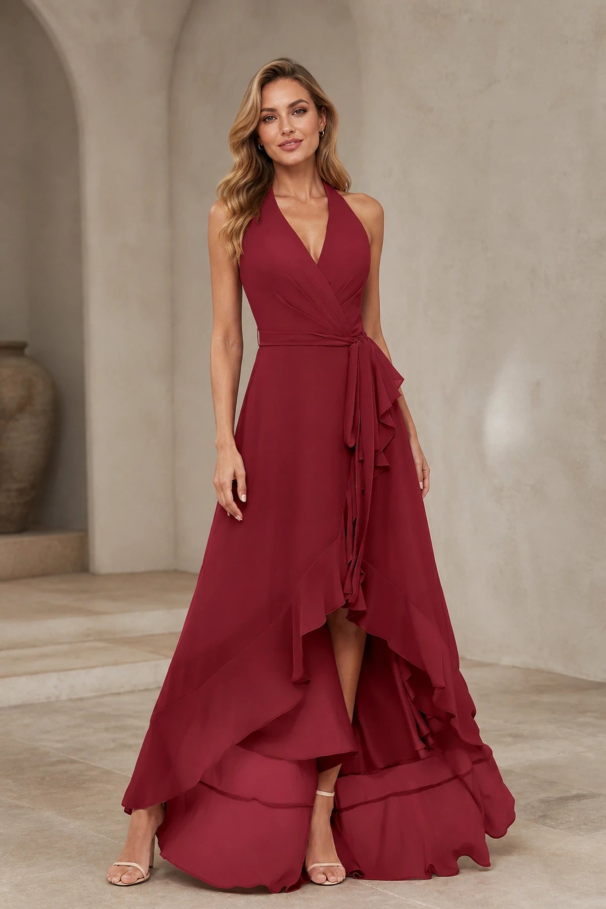 Romantic A-Line V-Neck Halter Sleeveless Open-Back High-Low Bridesmaid Dress