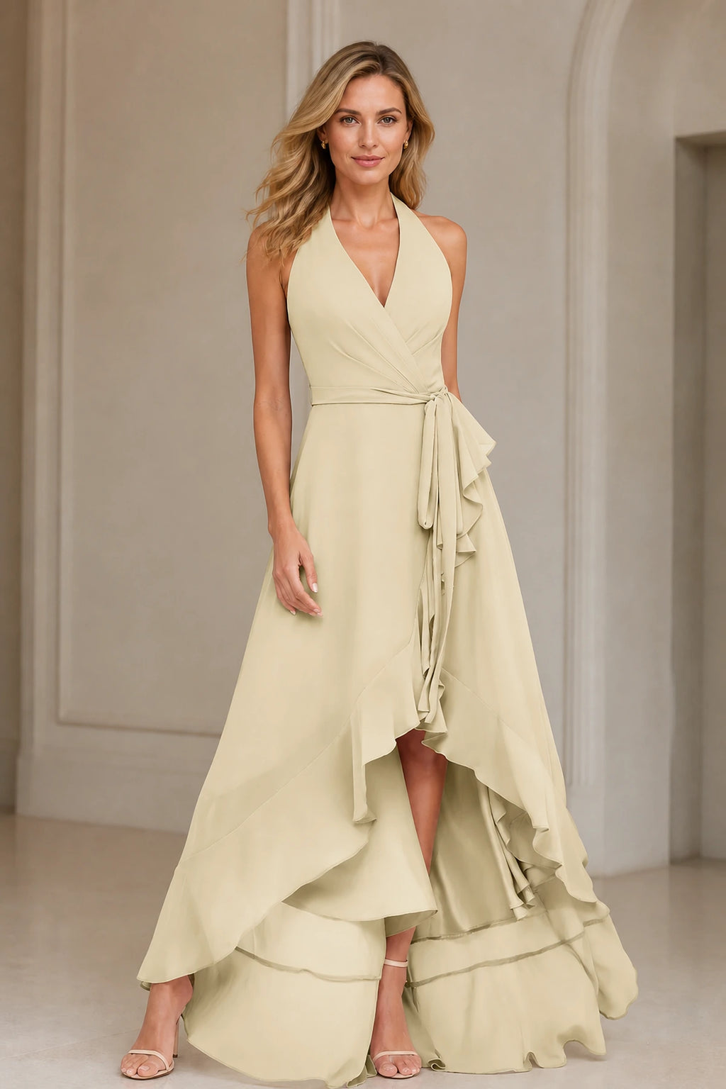 Romantic A-Line V-Neck Halter Sleeveless Open-Back High-Low Bridesmaid Dress