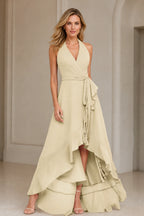 Romantic A-Line V-Neck Halter Sleeveless Open-Back High-Low Bridesmaid Dress