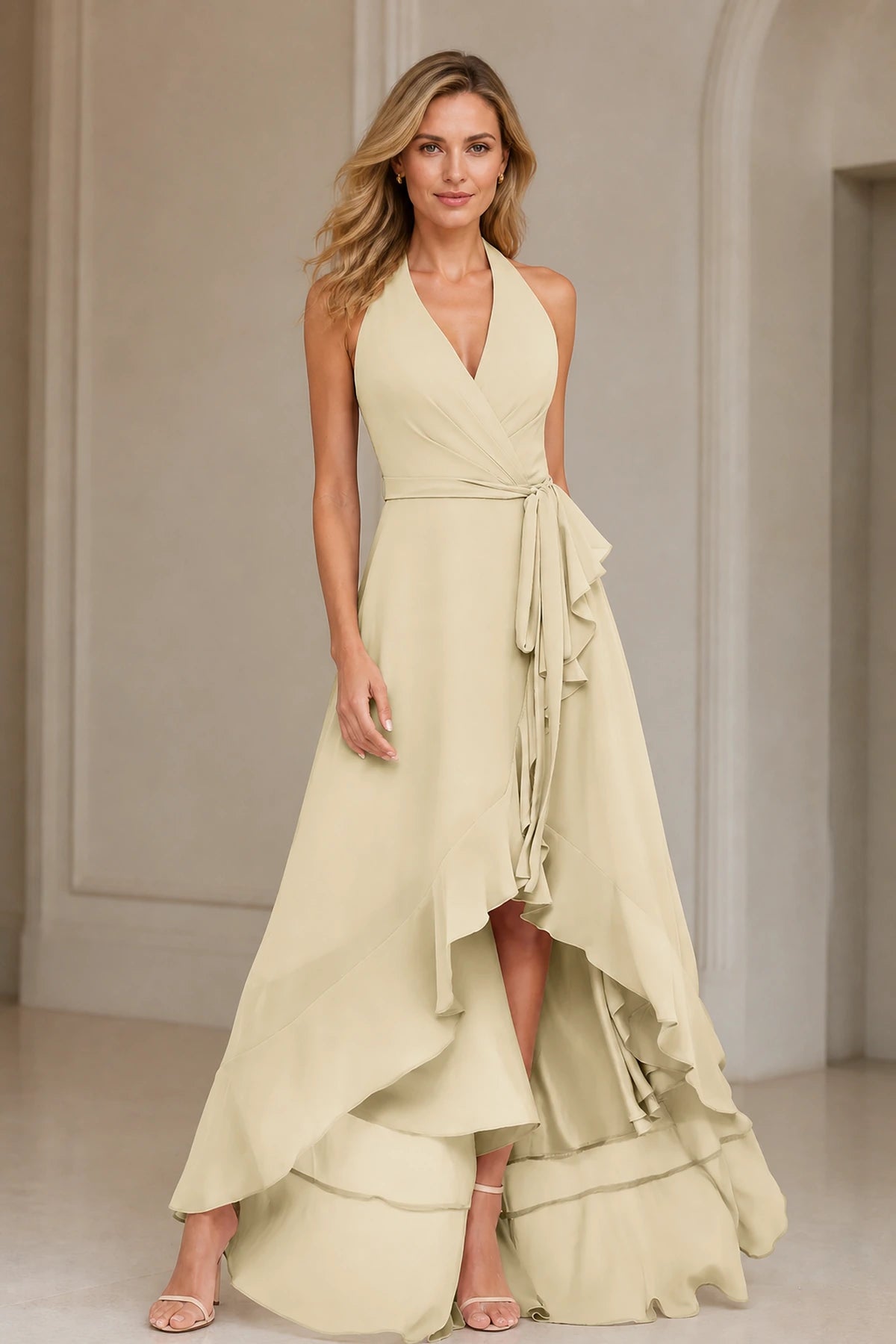 Romantic A-Line V-Neck Halter Sleeveless Open-Back High-Low Bridesmaid Dress