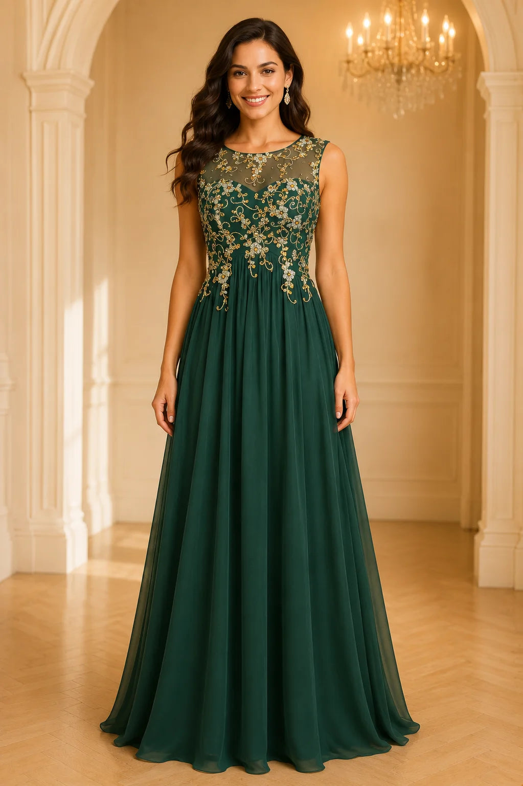 Dark emerald green chiffon lace scoop neck long A line mother of the bride Dress front view