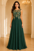 Dark emerald green chiffon lace scoop neck long A line mother of the bride Dress front view
