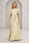 Vedress light champagne A-line mother of the bride dress with bateau neckline, flutter sleeves, waist tie, V-back and floor-length skirt