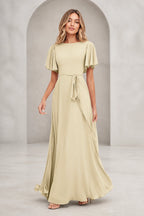 Vedress light champagne A-line mother of the bride dress with bateau neckline, flutter sleeves, waist tie, V-back and floor-length skirt