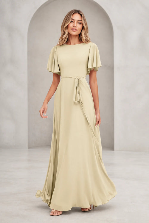 Graceprom light champagne A-line mother of the bride dress with bateau neckline, flutter sleeves, waist tie, V-back and floor-length skirt