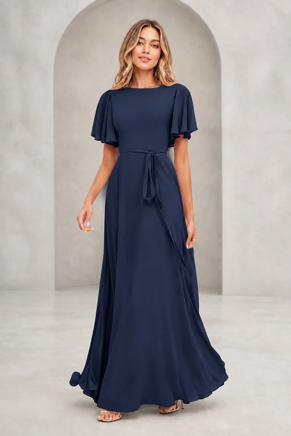 Graceful A Line Bateau Flutter Sleeve V Back Long Mother of Bride Dress