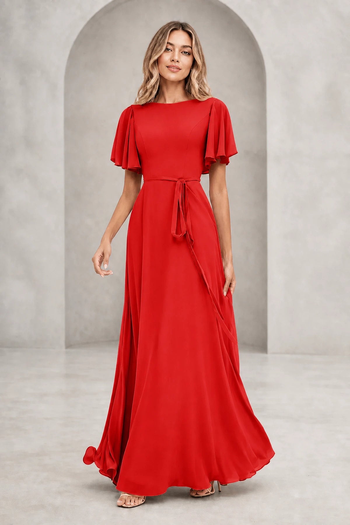 Graceful A Line Bateau Flutter Sleeve V Back Long Mother of Bride Dress