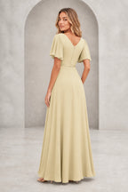 Vedress light champagne A-line mother of the bride dress with bateau neckline, flutter sleeves, waist tie, V-back and floor-length skirt