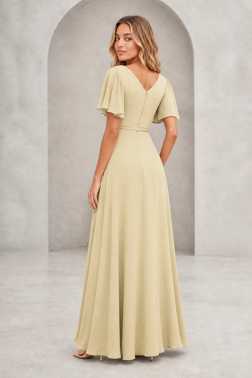 Graceprom  light champagne A-line mother of the bride dress with bateau neckline, flutter sleeves, waist tie, V-back and floor-length skirt
