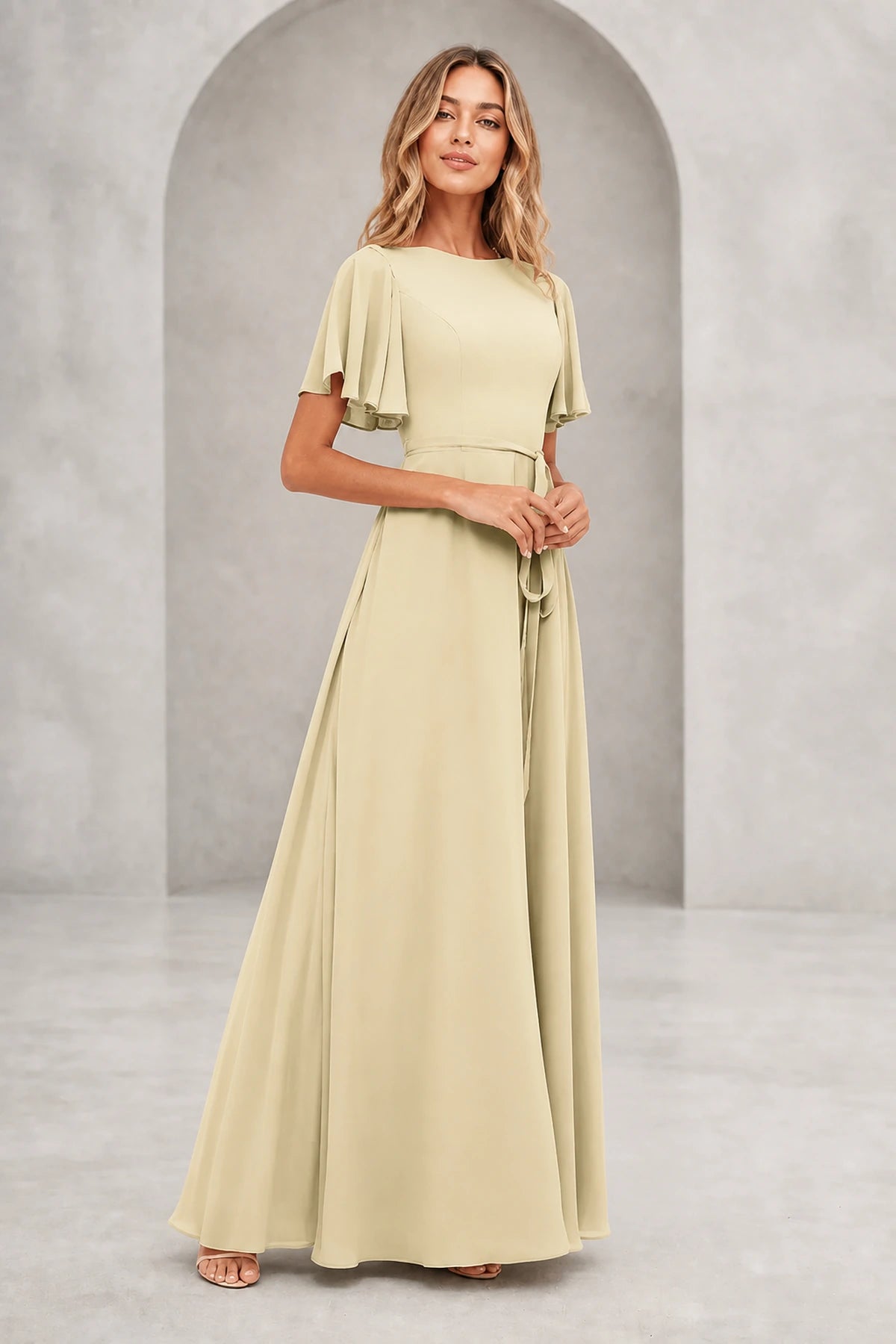 Graceful A Line Bateau Flutter Sleeve V Back Long Mother of Bride Dress