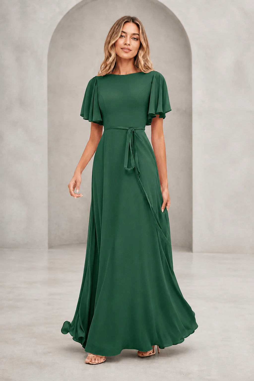 Graceful A Line Bateau Flutter Sleeve V Back Long Mother of Bride Dress