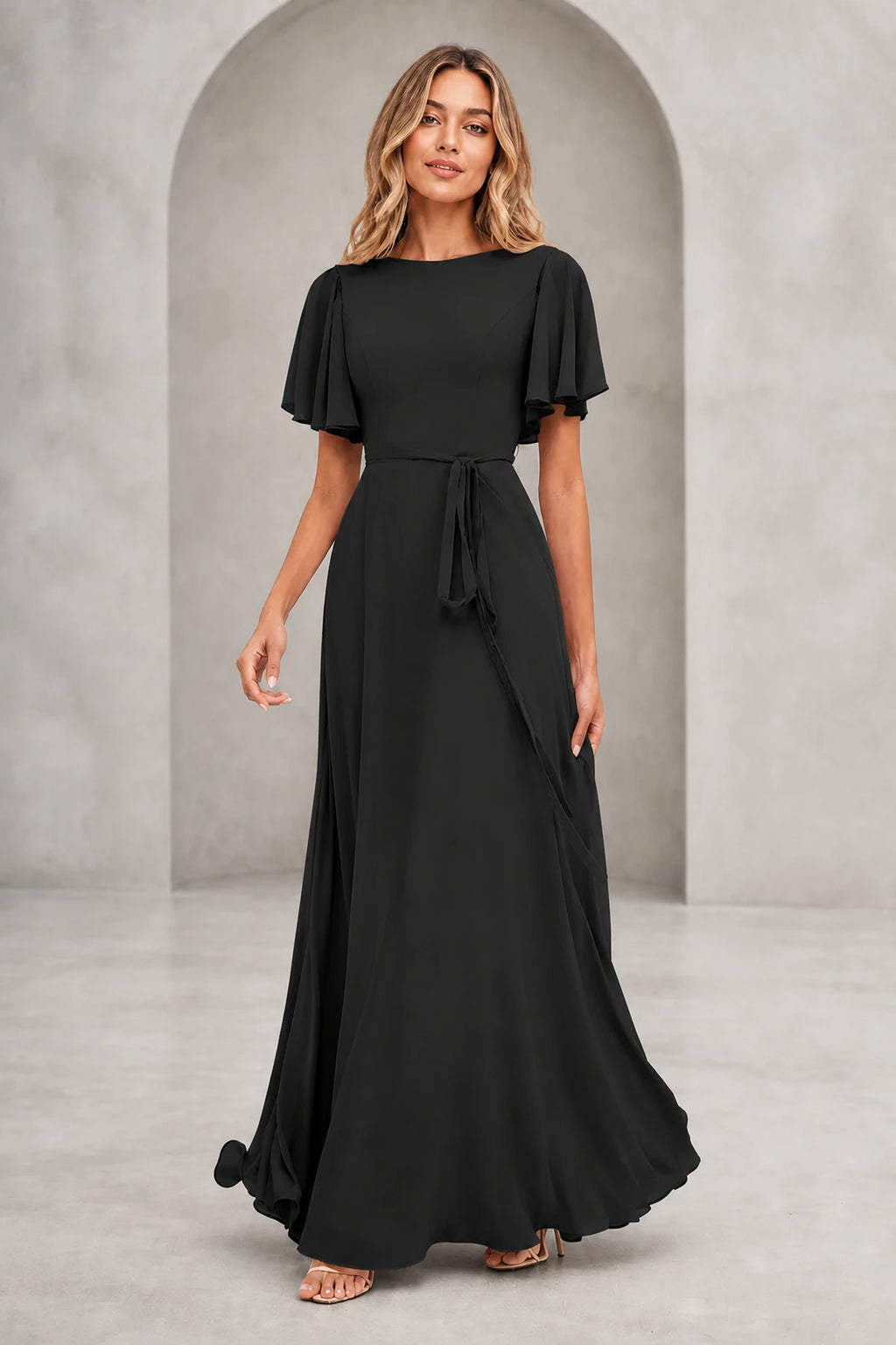 Graceful A Line Bateau Flutter Sleeve V Back Long Mother of Bride Dress