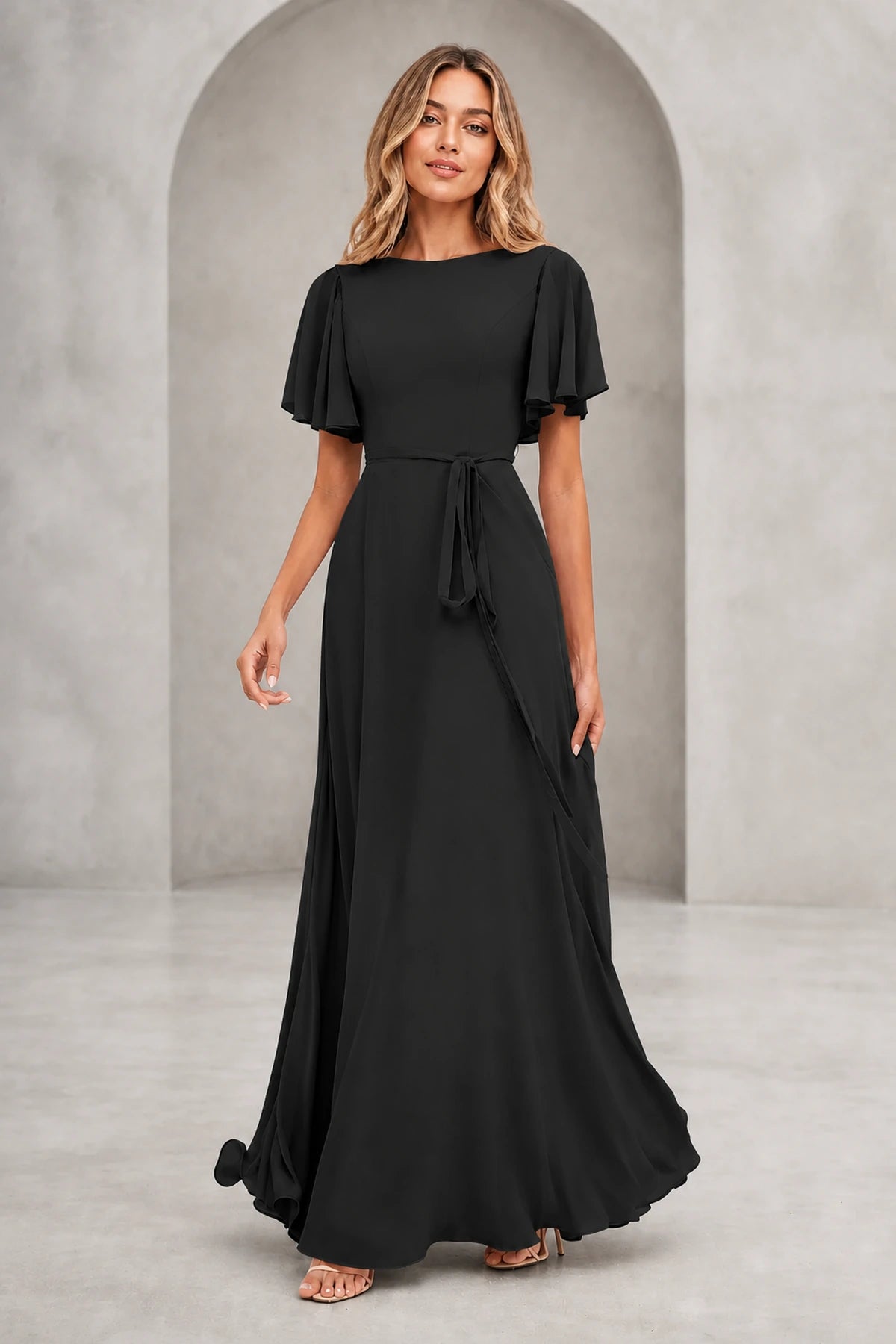 Graceful A Line Bateau Flutter Sleeve V Back Long Mother of Bride Dress