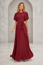 Graceful A Line Bateau Flutter Sleeve V Back Long Mother of Bride Dress