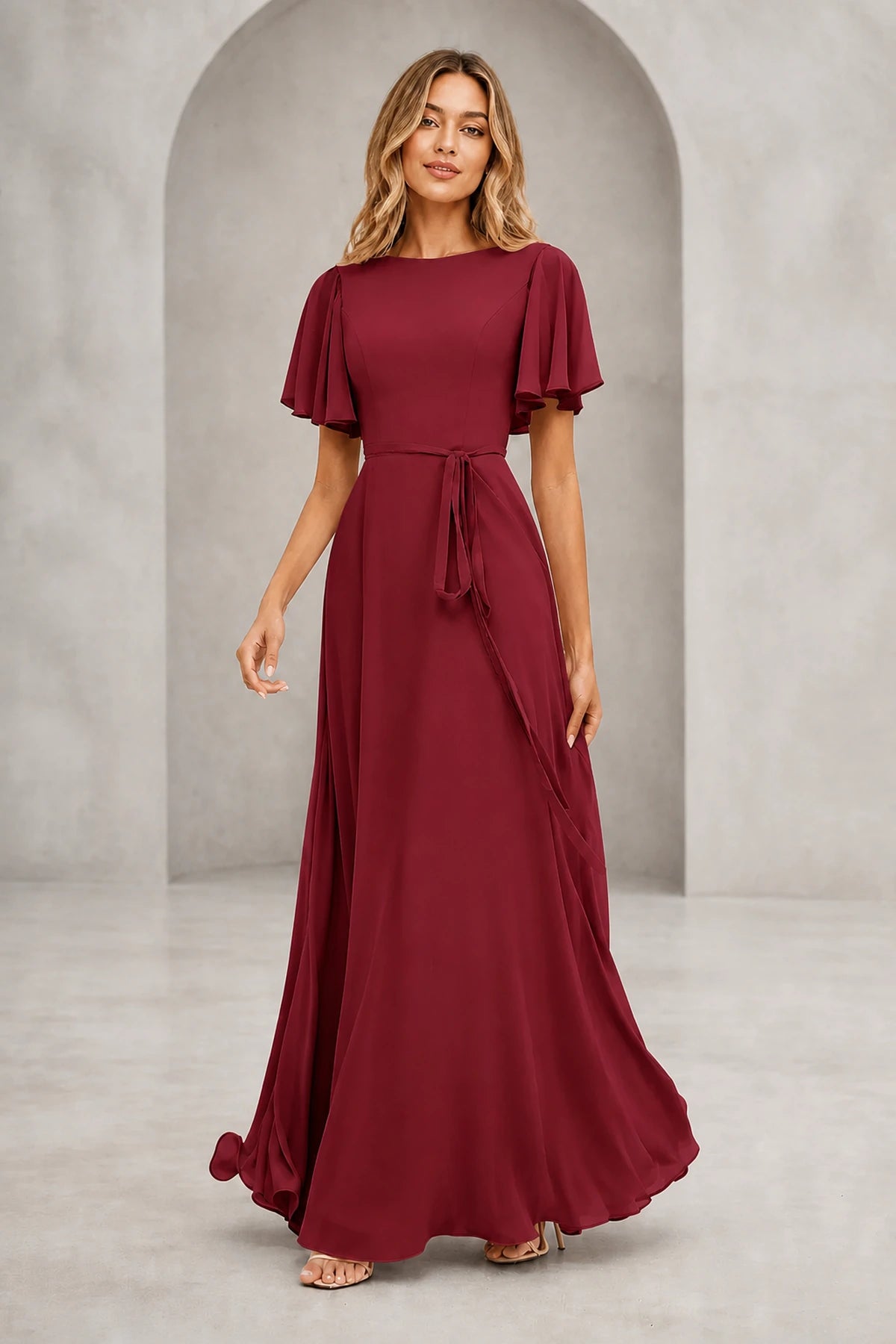 Graceful A Line Bateau Flutter Sleeve V Back Long Mother of Bride Dress