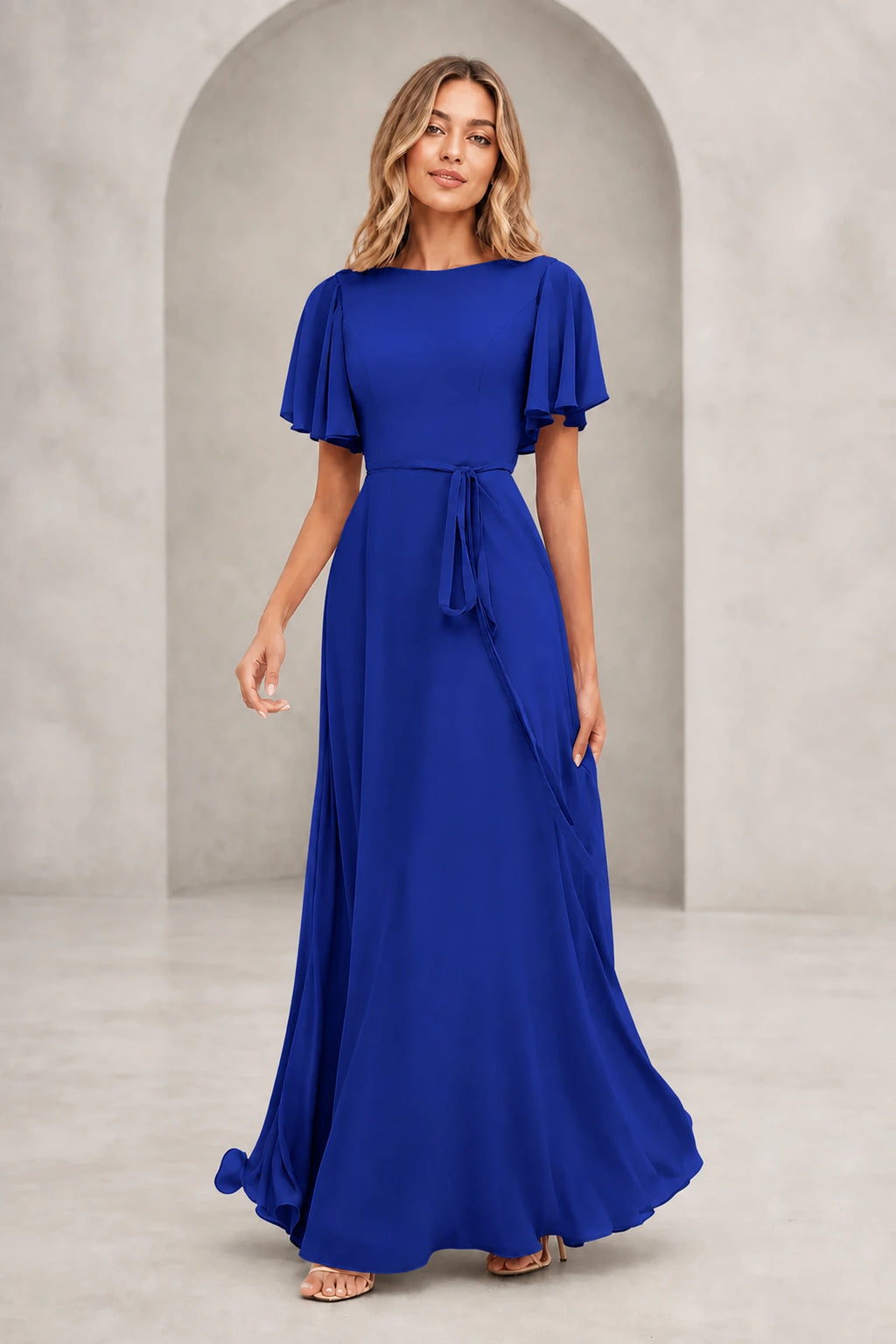 Graceful A Line Bateau Flutter Sleeve V Back Long Mother of Bride Dress