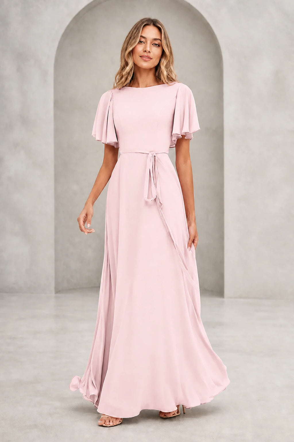 Graceful A Line Bateau Flutter Sleeve V Back Long Mother of Bride Dress