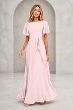 Graceful A Line Bateau Flutter Sleeve V Back Long Mother of Bride Dress