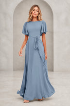 Graceful A Line Bateau Flutter Sleeve V Back Long Mother of Bride Dress