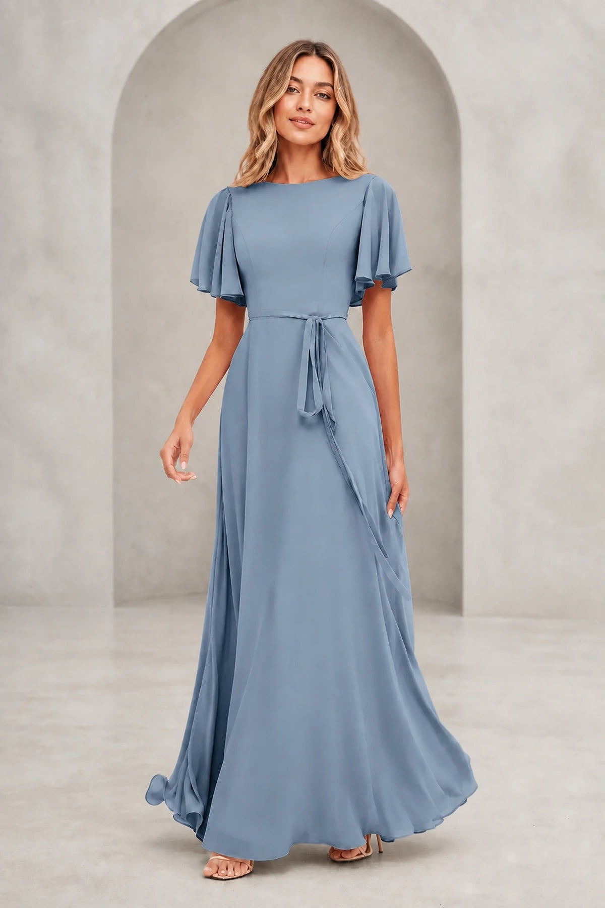 Graceful A Line Bateau Flutter Sleeve V Back Long Mother of Bride Dress