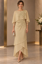 Champagne sheath Mother of the Bride Dress with bateau neckline, embellished cape overlay and asymmetric floor-length chiffon skirt