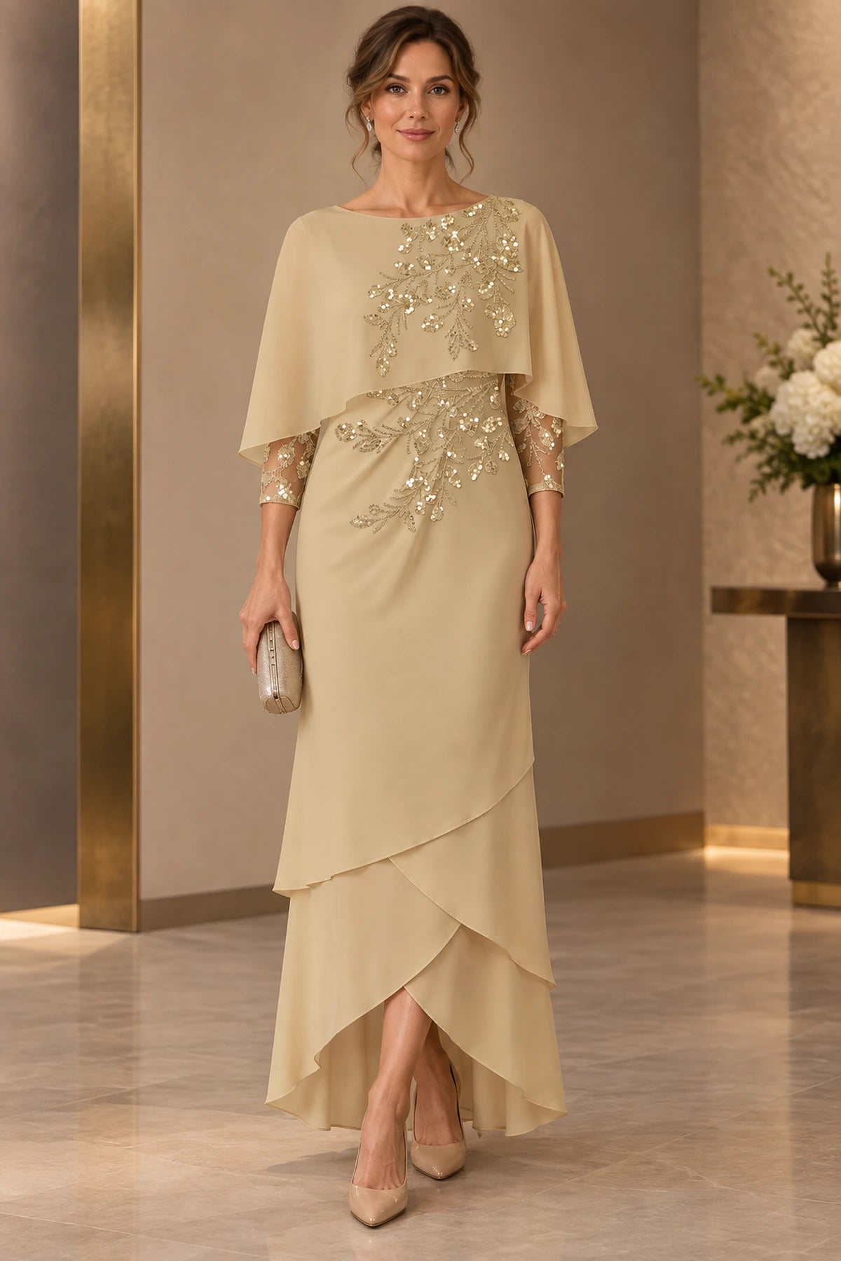 Champagne sheath Mother of the Bride Dress with bateau neckline, embellished cape overlay and asymmetric floor-length chiffon skirt