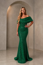 Refined Mermaid Off Shoulder Short Sleeve Zip Back Floor-Length Wedding Guest Dress