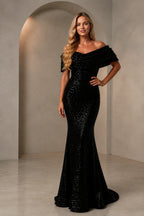 Refined Mermaid Off Shoulder Short Sleeve Zip Back Floor-Length Wedding Guest Dress