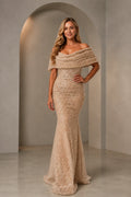 Champagne beaded off-shoulder mermaid wedding guest dress by GraceProm