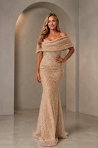 Champagne beaded off-shoulder mermaid wedding guest dress by GraceProm