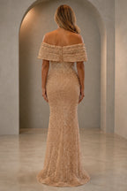 Back view of champagne beaded off-shoulder wedding guest dress with zipper by GraceProm