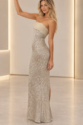 Champagne sequin prom dress with strapless back design and elegant fitted floor length silhouette