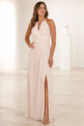 Graceprom champagne blush A line halter bridesmaid dress with ruched waist front slit and long chiffon skirt