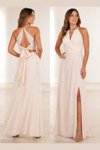 Romantic A Line Halter Neck Sleeveless Tie Back Long Bridesmaid Dress