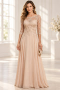 Champagne blush A-line Mother of the Bride Dress with illusion scoop neckline, three-quarter lace sleeves and embroidered bodice