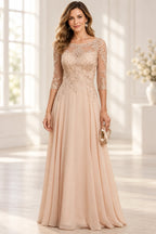 Champagne blush A-line Mother of the Bride Dress with illusion scoop neckline, three-quarter lace sleeves and embroidered bodice