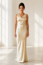Champagne cowl neck sleeveless long bridesmaid dress by GraceProm