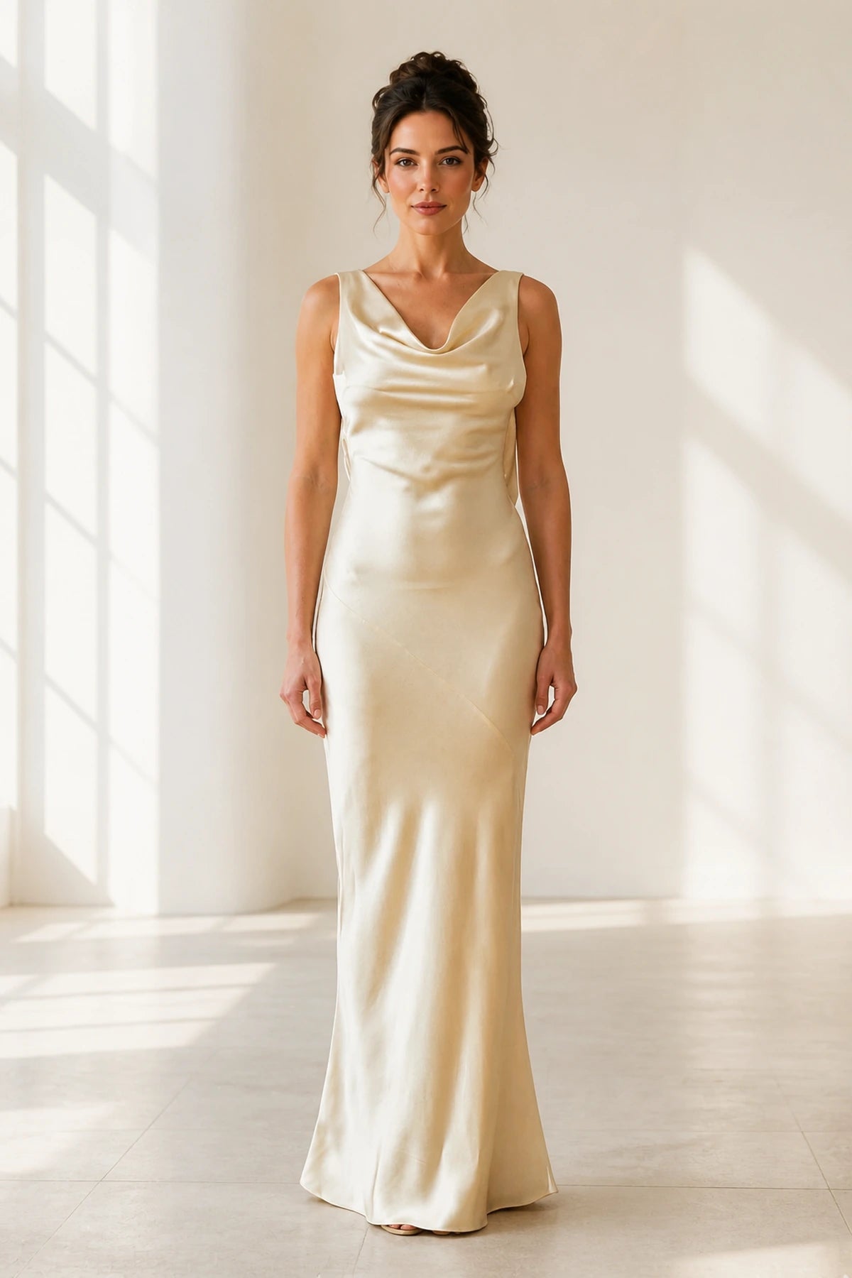 Champagne cowl neck sleeveless long bridesmaid dress by GraceProm