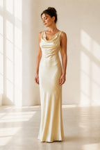 Graceful Sheath Cowl Neck Sleeveless Crisscross Back Long Bridesmaid Dress