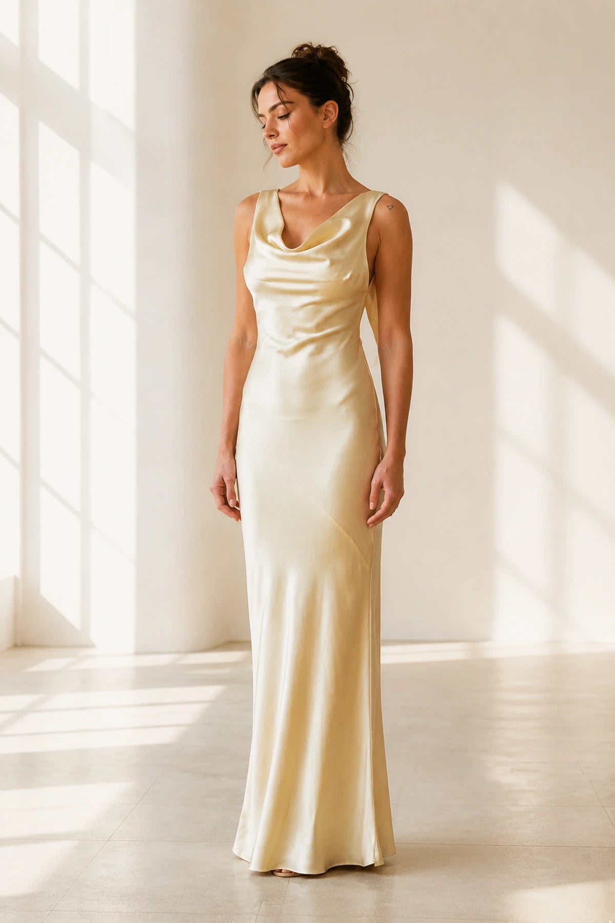 Graceful Sheath Cowl Neck Sleeveless Crisscross Back Long Bridesmaid Dress