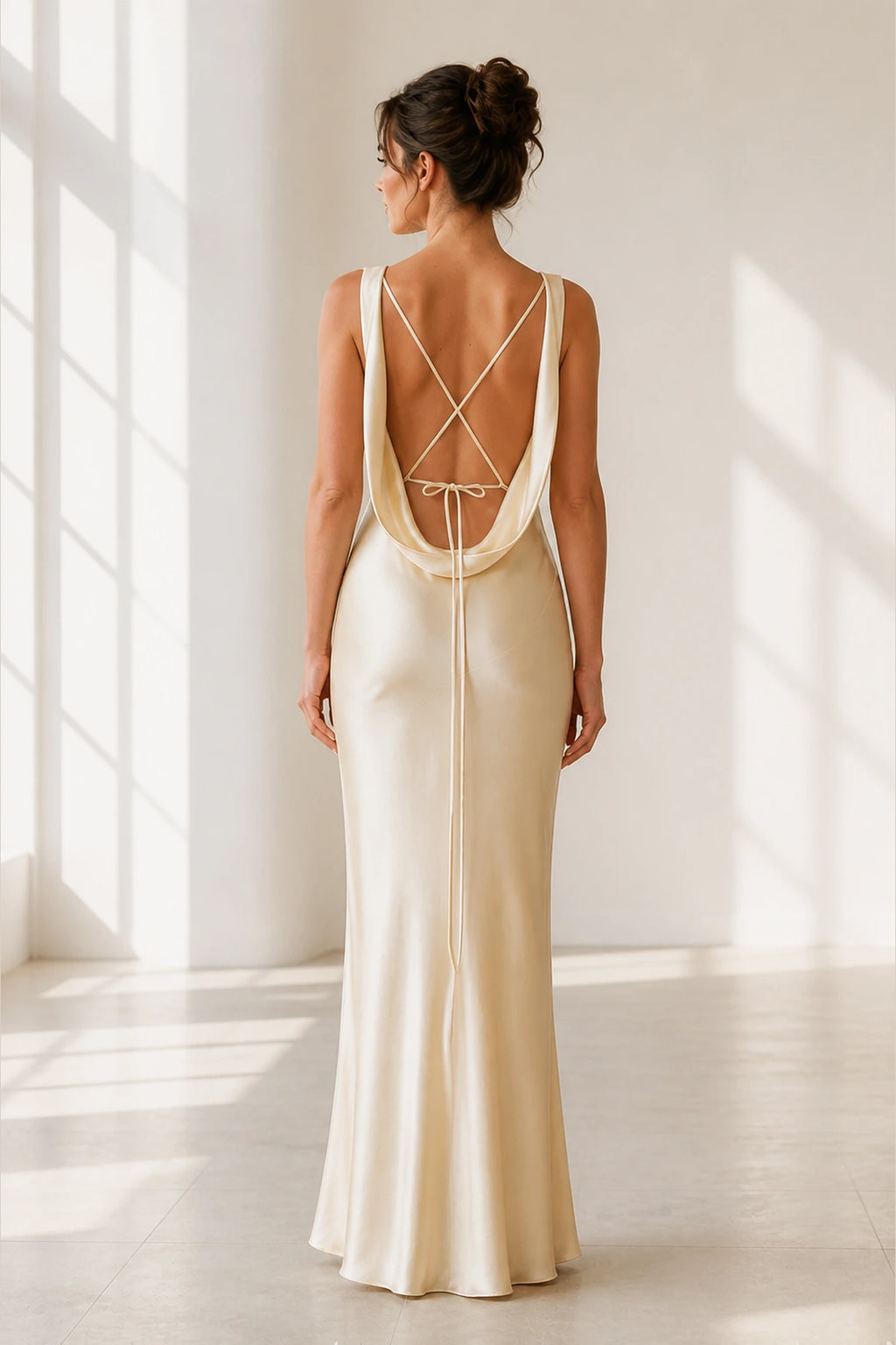 Champagne bridesmaid dress with crisscross open back and tie detail by GraceProm
